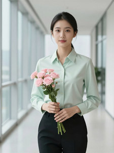 AI画像 バラの花束を持って廊下に立つ女性社員