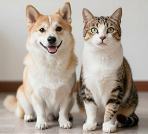 AI画像 並んで座っている柴犬とキジ白猫