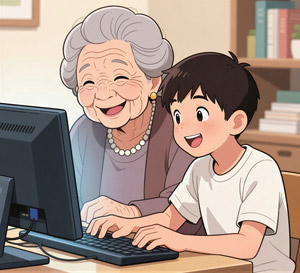 AI画像 孫とパソコンで遊ぶおばあさん