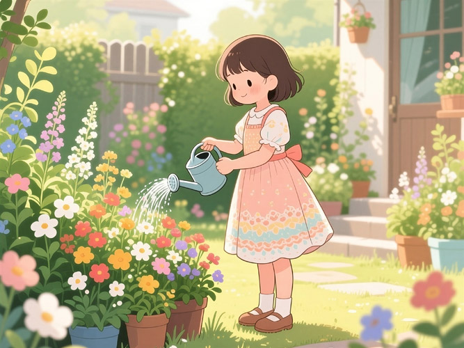 フリーAI画像, CC0 AI画像, イラスト（AI画像）, 人物（AI画像）, 子供（AI画像）, 女の子, 園芸（ガーデニング）, 人と花, 水やり, 上呂