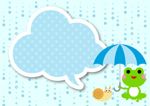 フリーイラスト カエルと蝸牛と吹き出しと雨の梅雨背景