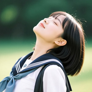 AI画像 目を閉じ時ながら上を向く女子学生