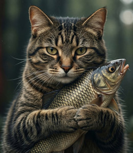 AI画像 魚を抱えて離さないキジトラ猫