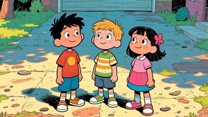 AI画像 庭に立つ3人の子供たち