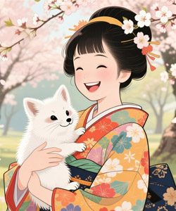 AI画像 桜の下で白いキツネを抱く着物姿の少女