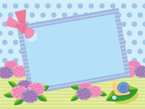 フリーイラスト 紫陽花と雨粒とメッセージカードの梅雨の背景