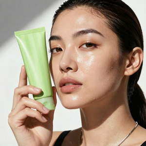 AI画像 顔の近くでスキンケアクリームを持つアジア人女性