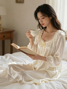 AI画像 ベッドの上でコーヒーを飲みながら本を読むアジア人女性
