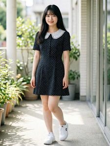 AI画像 ドット柄のミニワンピースを着てベランダに立つアジア人女性