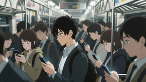 AI画像 スマホの画面を見ている電車の乗客たち
