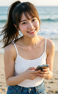 AI画像 ビーチでスマホを持つキャミソール姿のアジア人女性