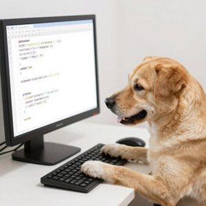AI画像 パソコンでコードを書く犬