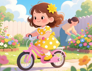 AI画像 お庭で自転車に乗る女の子