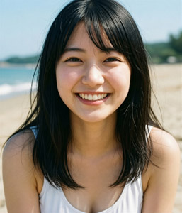 AI画像 ビーチでほほ笑む若いアジア人女性