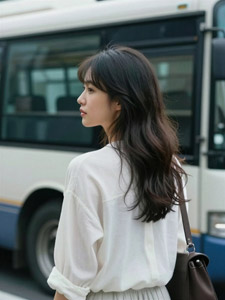AI画像 バスの側に立つアジア人女性