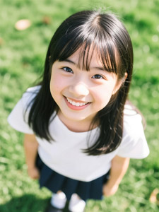 AI画像 草地に立ってカメラを見上げる女の子