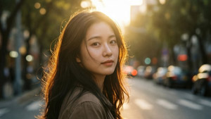 AI画像 道路を渡るアジア人女性のバストアップショット