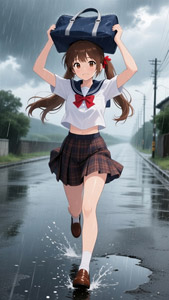 AI画像 雨の中を帰宅する女子学生