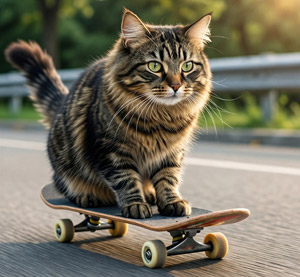 AI画像 スケートボードに乗って道路を走る猫