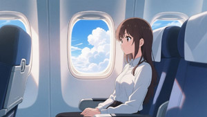 AI画像 飛行機に乗って移動する女性