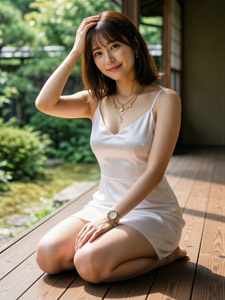 AI画像 頭に手を当てて縁側に座るアジア人女性