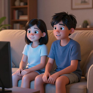 AI画像 ソファーに座ってテレビを見ている兄と妹