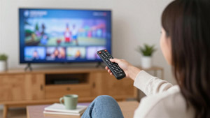 AI画像 テレビのリモコンを操作する女性