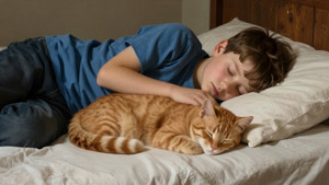 AI画像 猫と一緒に眠っている男の子