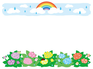 フリーイラスト 紫陽花の花畑と雨雲と虹の梅雨フレーム