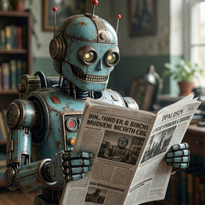 AI画像 新聞を読んでいる古いロボット