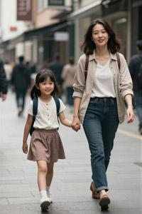 AI画像 手をつないでお出かけする母親と娘