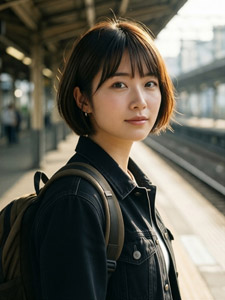AI画像 駅のホームに立つショートヘアのアジア人女性