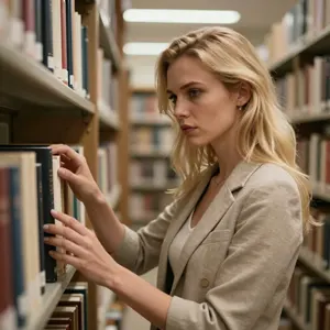 AI画像 図書館で本を探すブロンドヘアの外国人女性