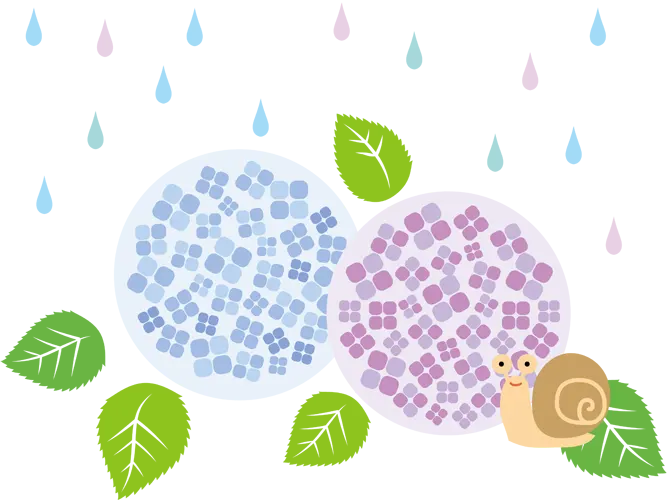フリーイラスト, CC0 イラスト, ベクター, AI, 雨, 6月, 梅雨, 花（イラスト）, 紫陽花（アジサイ）, 蝸牛（カタツムリ）