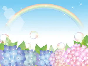 フリーイラスト 紫陽花の花の上空に架かる虹