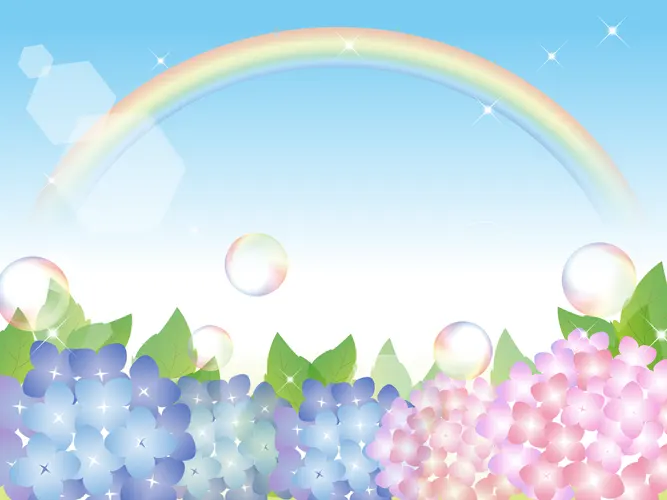 フリーイラスト, CC0 イラスト, ベクター, AI, 風景（イラスト）, 6月, 梅雨, 花（イラスト）, 紫陽花（アジサイ）, 花畑, 虹
