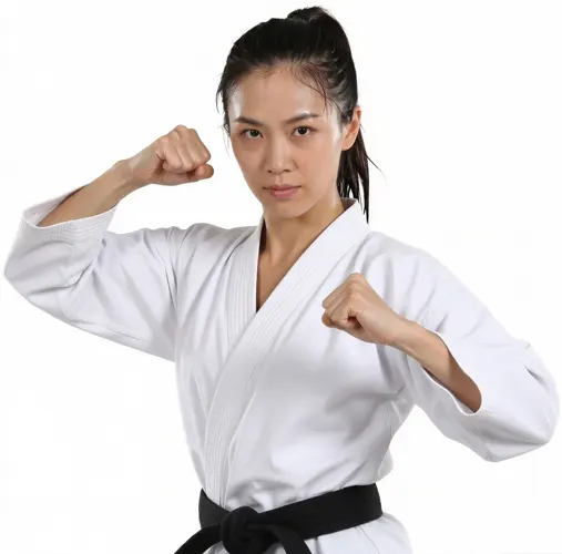 フリーAI画像, CC0 AI画像, 写真（AI画像）, 人物（AI画像）, 女性（AI画像）, アジア人女性, 若い女性, ポートレイト, スポーツ（AI画像）, 格闘技, 武道, 空手, 拳を握る, 白背景