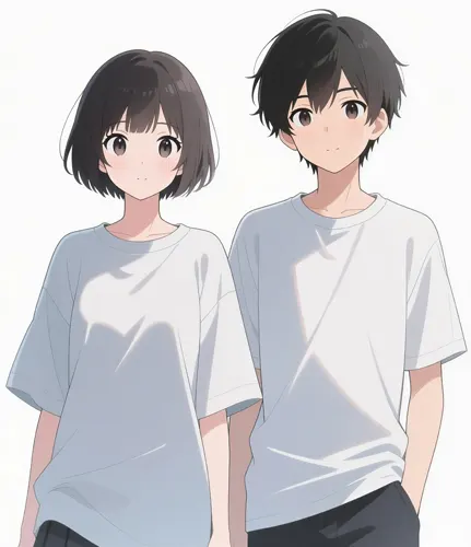フリーAI画像, CC0 AI画像, イラスト（AI画像）, 人物（AI画像）, カップル, 恋人, 二人, Tシャツ姿