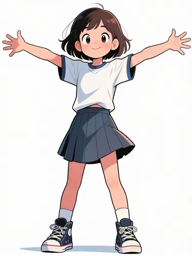フリーAI画像, CC0 AI画像, イラスト（AI画像）, 人物（AI画像）, 子供（AI画像）, 女の子, 学生（生徒）, 小学生, 体操服（体操着）, 手を広げる, 全身（AI画像）, 学生服