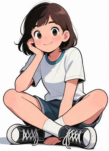 フリーAI画像, CC0 AI画像, イラスト（AI画像）, 人物（AI画像）, 子供（AI画像）, 女の子, 学生（生徒）, 小学生, 体操服（体操着）, あぐらをかく, 頬杖をつく