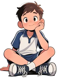 AI画像 頬杖をつきながらあぐらをかく体操服姿の男子小学生