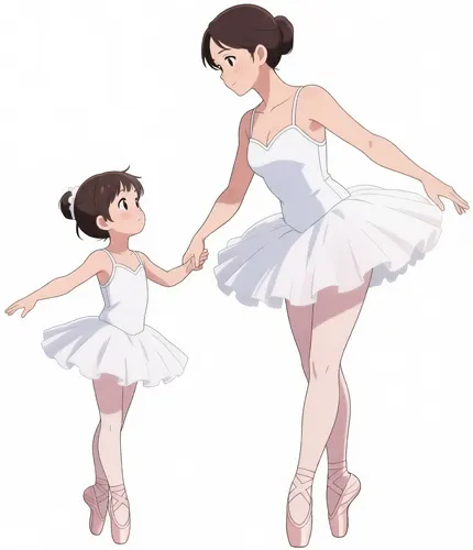 フリーAI画像, CC0 AI画像, イラスト（AI画像）, 人物（AI画像）, 家族（AI画像）, 親子, 母親（お母さん）, 娘, バレエ, バレエダンサー, バレリーナ, チュチュ姿, ポワント, 爪先立ち, 二人, 手をつなぐ