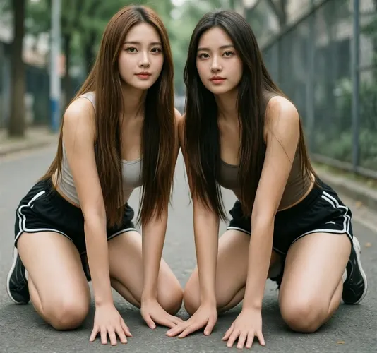 フリーAI画像, CC0 AI画像, 写真（AI画像）, 人物（AI画像）, 女性（AI画像）, アジア人女性, 若い女性, ポートレイト, 二人, ショートパンツ姿, 両膝をつく, タンクトップ姿