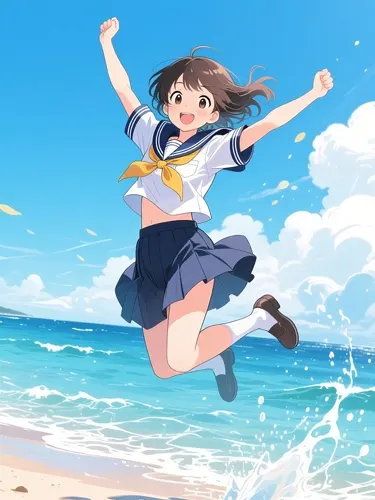 フリーAI画像, CC0 AI画像, イラスト（AI画像）, 人物（AI画像）, 少女（AI画像）, 学生（生徒）, 学生服, 高校生, セーラー服, 中学生, 跳ぶ（ジャンプ）, 海, 砂浜（ビーチ）