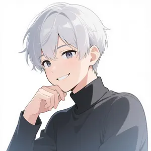 AI画像 顎に指を当てる銀髪の少年