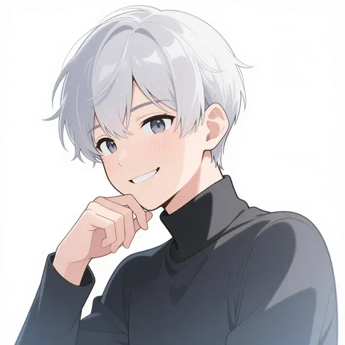 フリーAI画像, CC0 AI画像, イラスト（AI画像）, 人物（AI画像）, 少年（AI画像）, 銀髪, 顎に指を当てる