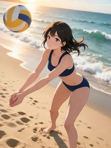 フリーAI画像, CC0 AI画像, 写真（AI画像）, 人物（AI画像）, 少女（AI画像）, スポーツ（AI画像）, 球技, ビーチバレー, 砂浜（ビーチ）, 水着姿