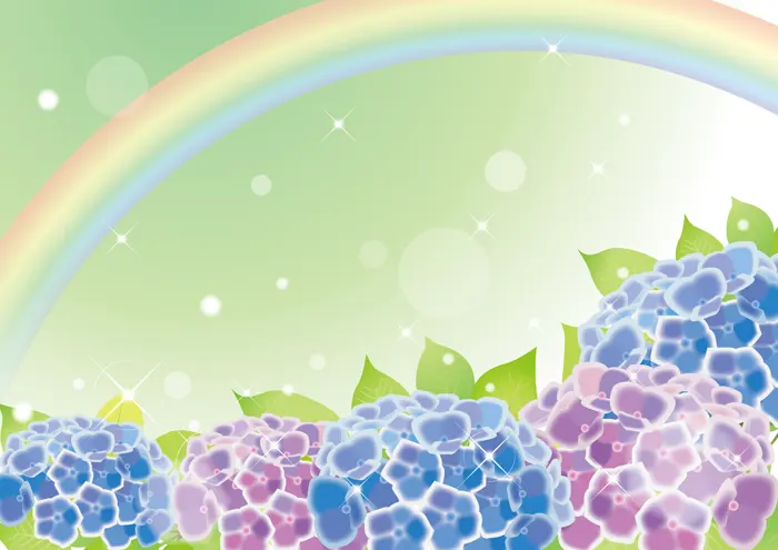 フリーイラスト, CC0 イラスト, ベクター, AI, 背景（イラスト）, 植物（イラスト）, 花（イラスト）, 紫陽花（アジサイ）, 虹, 梅雨, 6月