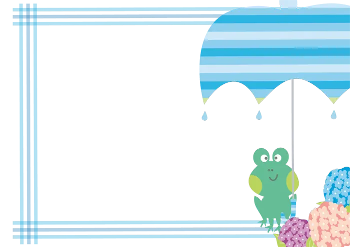 フリーイラスト, CC0 イラスト, ベクター, AI, 背景（イラスト）, 枠（フレーム）, フレーム（横）, フレーム（囲み）, 梅雨, 6月, 雨傘, 紫陽花（アジサイ）, 蛙（カエル）