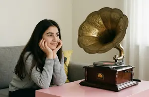 AI画像 蓄音機で音楽を聴いている若い外国人女性